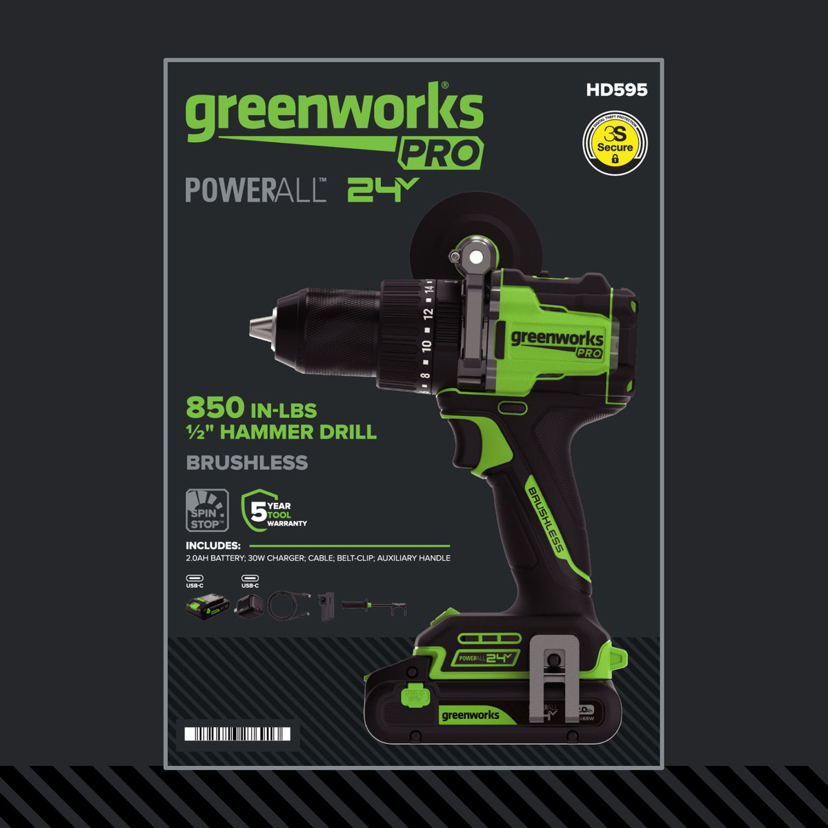 24V PowerAll Pro 850 in-lb 1/2" Hammer Drill, with 2.0 Ah Battery, 30W Charger, Belt Clip, and Auxiliary Handle