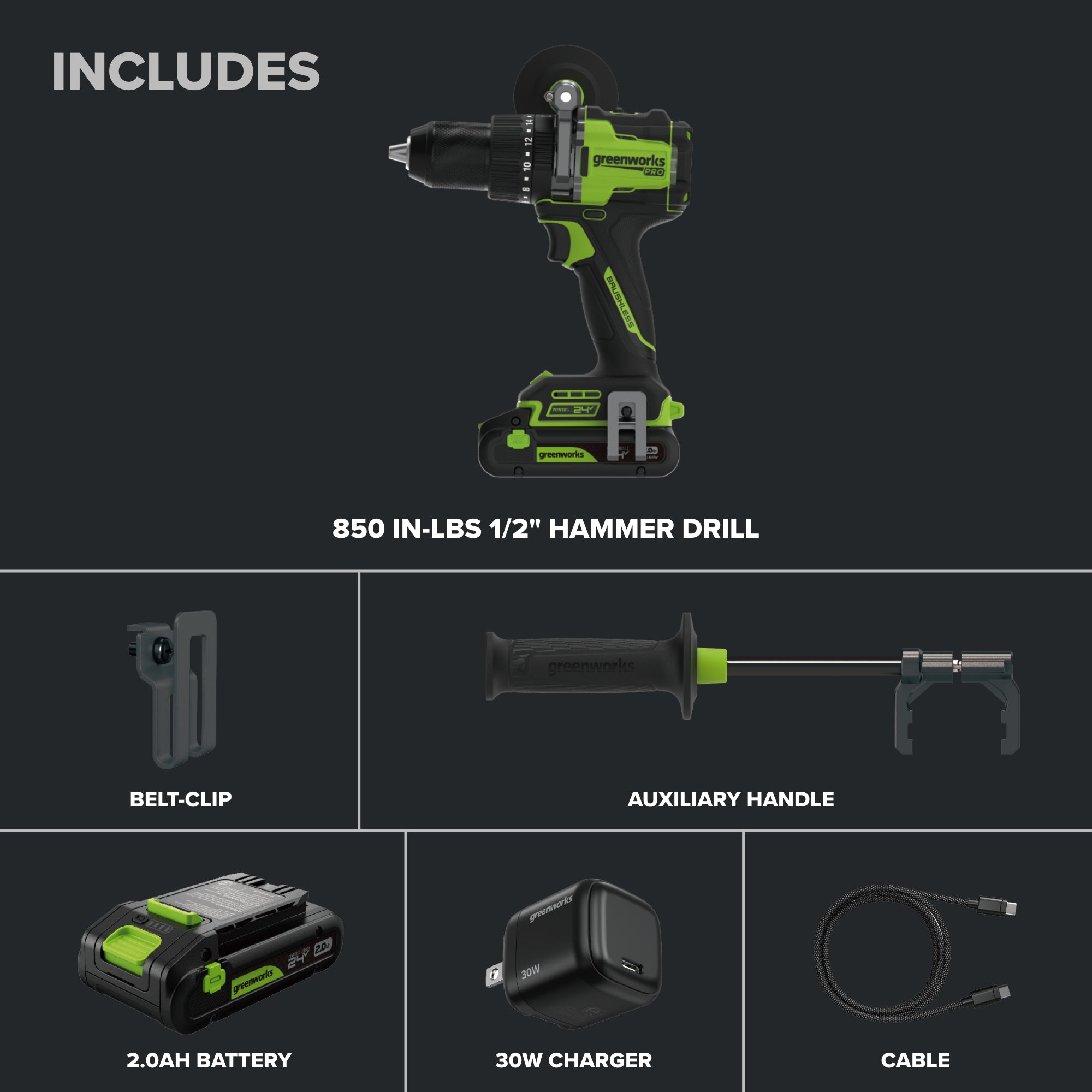 24V PowerAll Pro 850 in-lb 1/2" Hammer Drill, with 2.0 Ah Battery, 30W Charger, Belt Clip, and Auxiliary Handle