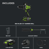 24V PowerAll Pro 850 in-lb 1/2" Hammer Drill, with 2.0 Ah Battery, 30W Charger, Belt Clip, and Auxiliary Handle