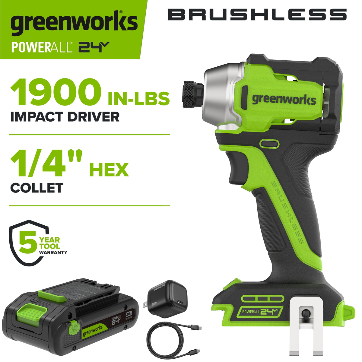 24V PowerAll 1,900 In-Lb Impact Driver, with 2.0 Ah USB-C Battery, 30W USB-C Charger Block, 3' 100W USB-C Cable, Belt Clip