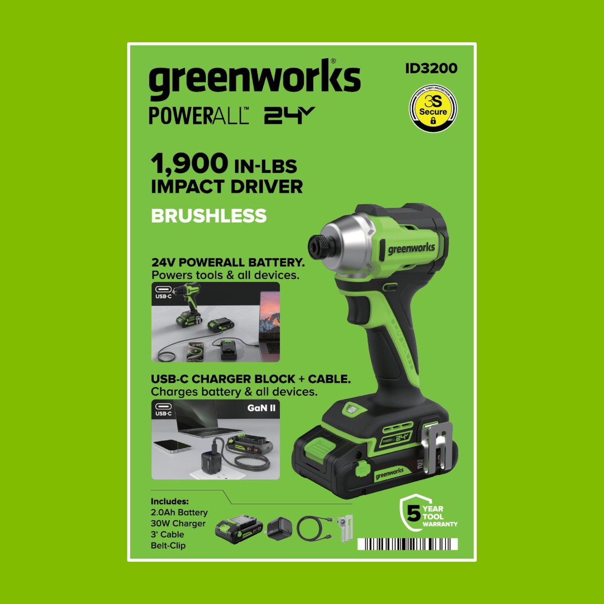 24V 3 Series 1/4" 1900 in/lbs Brushless Impact Driver Kit: 2.0 Ah USB-C Batteries and 30W USB-C Fast Charger