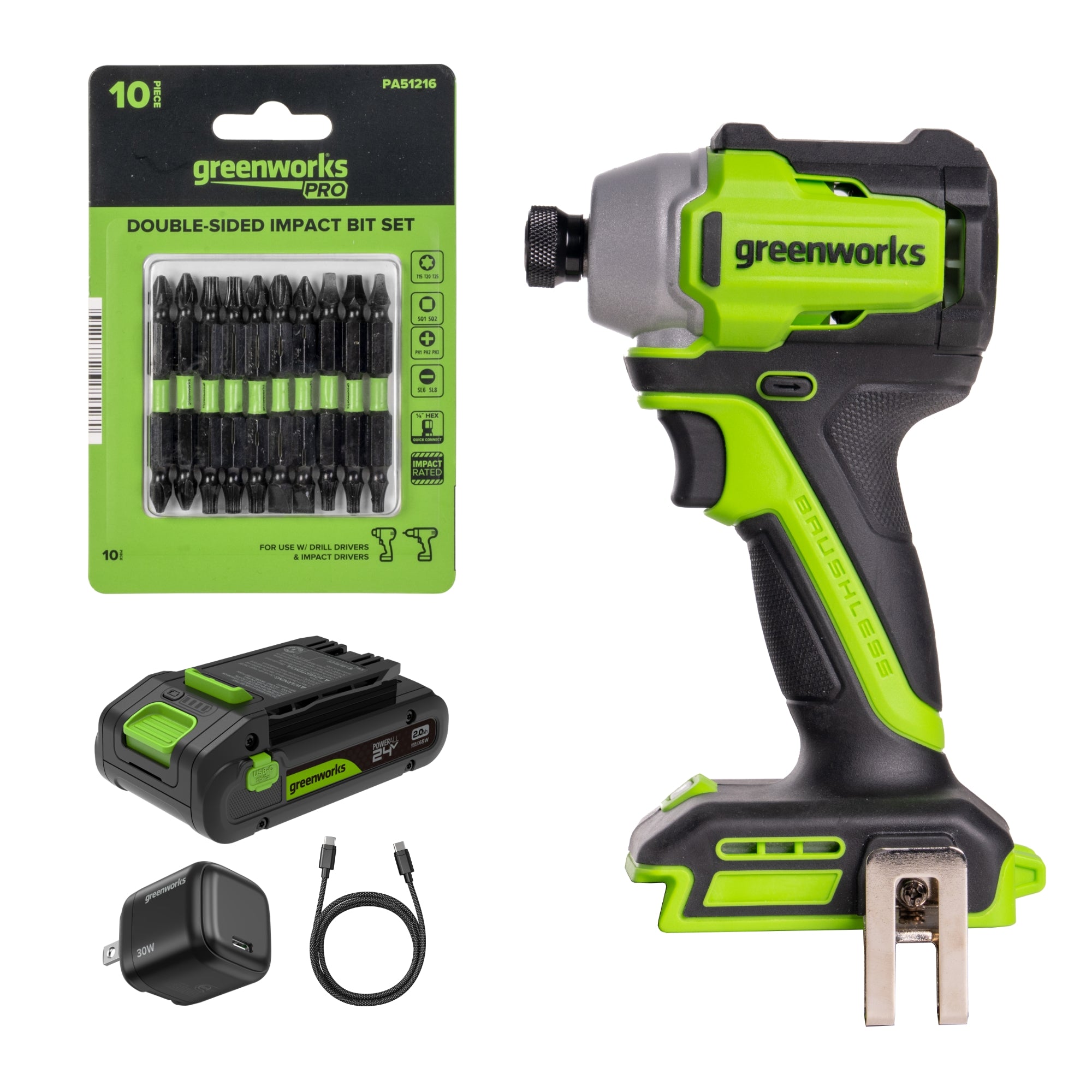 24V PowerAll 1/4" 1900 in-lbs Brushless Impact Driver Kit: (1) 2.0 Ah USB-C Battery, (1) 30W USB-C Charger Block, (1) 3' 100W USB-C Cable, (1) Belt Clip, (1) Pro 10PC Dual Sided Impact Bit Sets