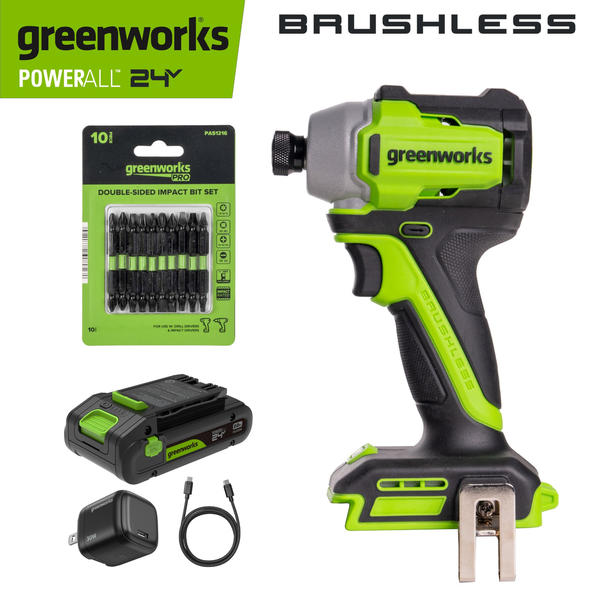 24V PowerAll 1/4" 1900 in-lbs Brushless Impact Driver Kit: (1) 2.0 Ah USB-C Battery, (1) 30W USB-C Charger Block, (1) 3' 100W USB-C Cable, (1) Belt Clip, (1) Pro 10PC Dual Sided Impact Bit Sets