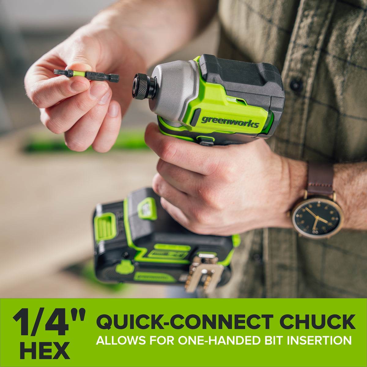 24V PowerAll 1/4" 1900 in-lbs Brushless Impact Driver Kit: (1) 2.0 Ah USB-C Battery, (1) 30W USB-C Charger Block, (1) 3' 100W USB-C Cable, (1) Belt Clip, (1) Pro 10PC Dual Sided Impact Bit Sets