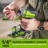 24V PowerAll 1/4" 1900 in-lbs Brushless Impact Driver Kit: (1) 2.0 Ah USB-C Battery, (1) 30W USB-C Charger Block, (1) 3' 100W USB-C Cable, (1) Belt Clip, (1) Pro 10PC Dual Sided Impact Bit Sets