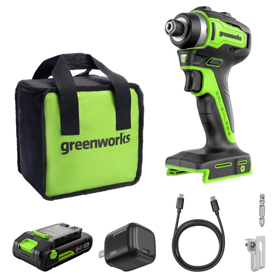 24V 1/4" 1950 in/lbs Brushless Impact Driver Kit w/ 2.0Ah USB-C Batteries and 30W USB-C Fast Charger