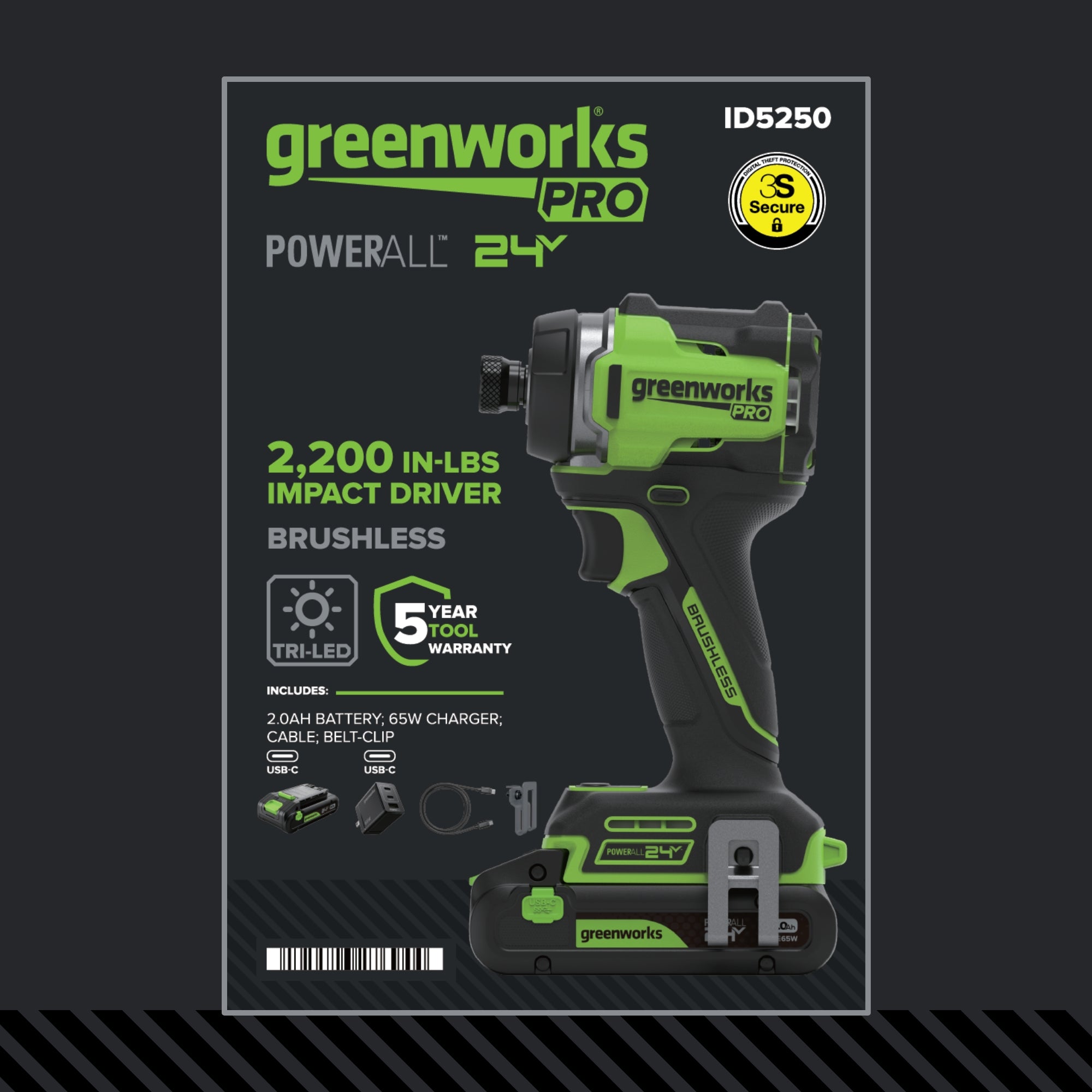 24V 5 Series 1/4" 2200 in/lbs Brushless Impact Driver Kit: 2.0 Ah USB-C Batteries and 65W USB-C Fast Charger