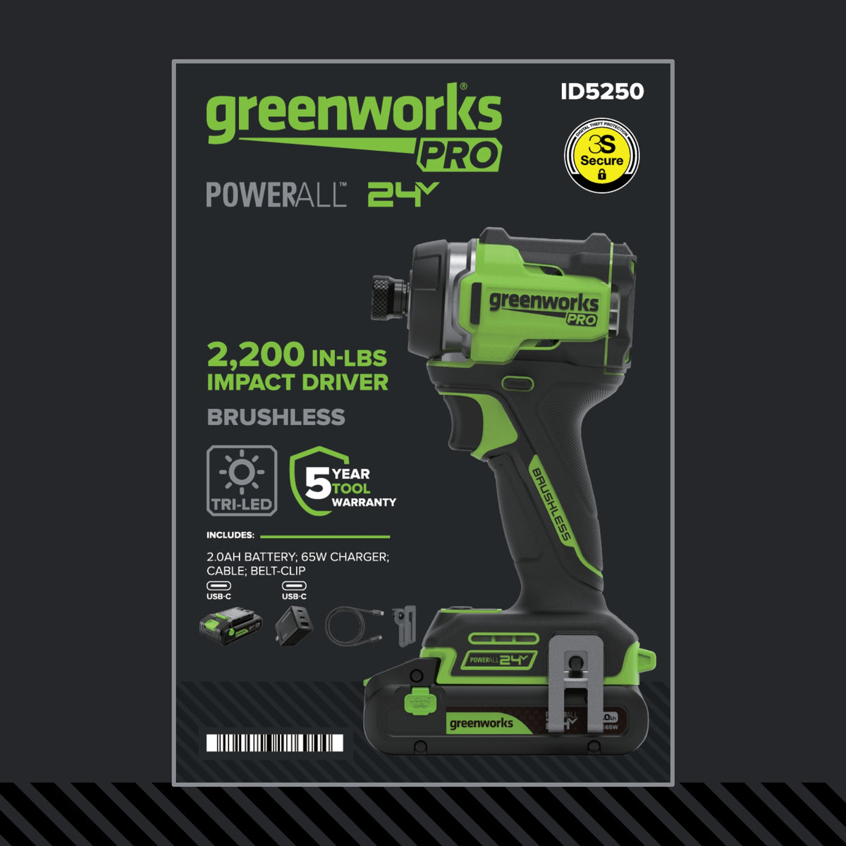 24V 5 Series 1/4" 2200 in/lbs Brushless Impact Driver Kit: 2.0 Ah USB-C Batteries and 65W USB-C Fast Charger