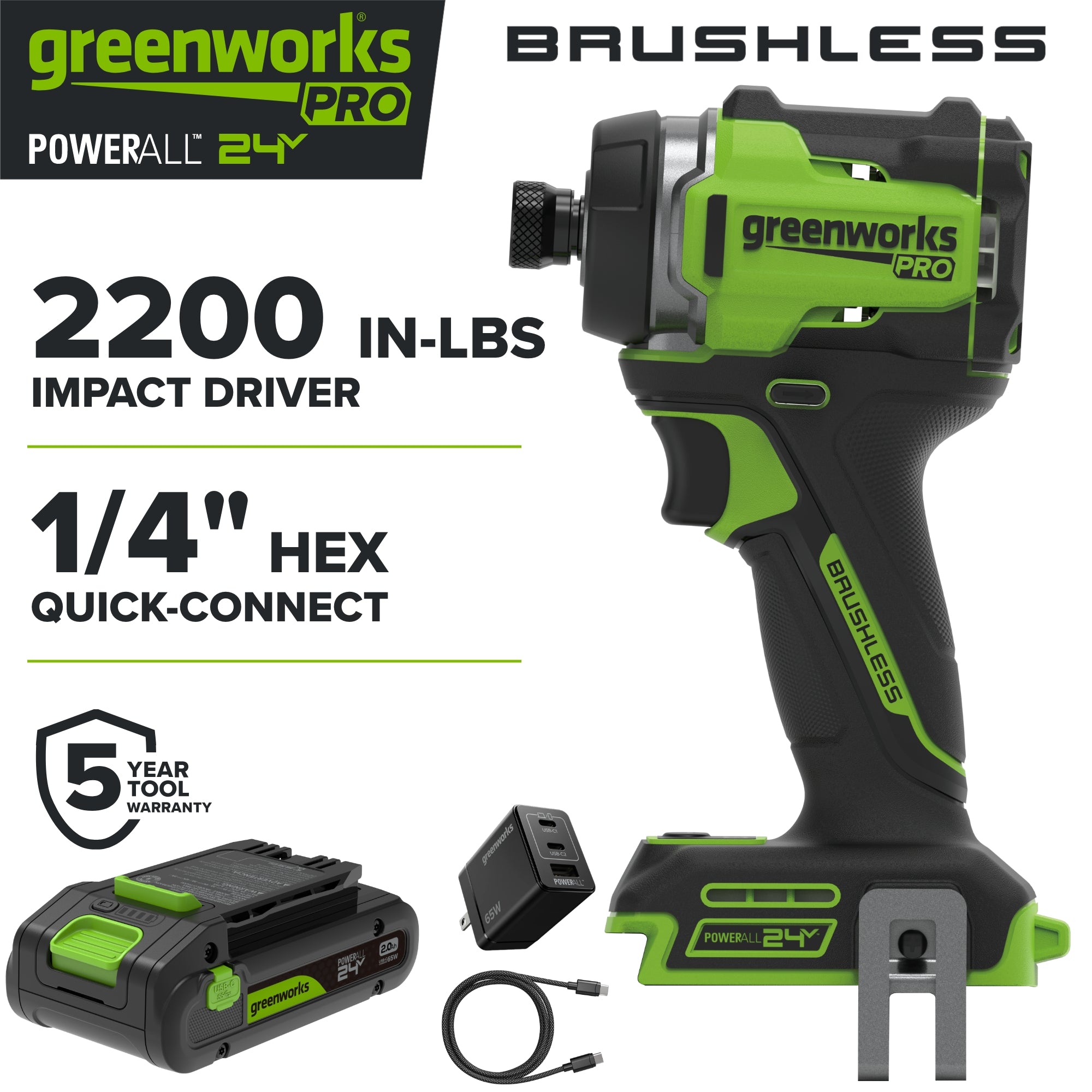 24V PowerAll Pro 2,200 In-Lb Impact Driver, with 2.0 Ah USB-C Battery, 65W USB-C Charger Block, 3' 100W USB-C Cable, Belt Clip