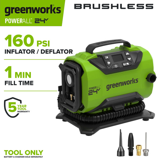 24V PowerAll Dual-Power Inflator/Deflator, with Pinch Valve Adaptor, Sports Ball Needle, Brass Presta Valve Adaptor, and Narrow Pinch Valve Nozzle