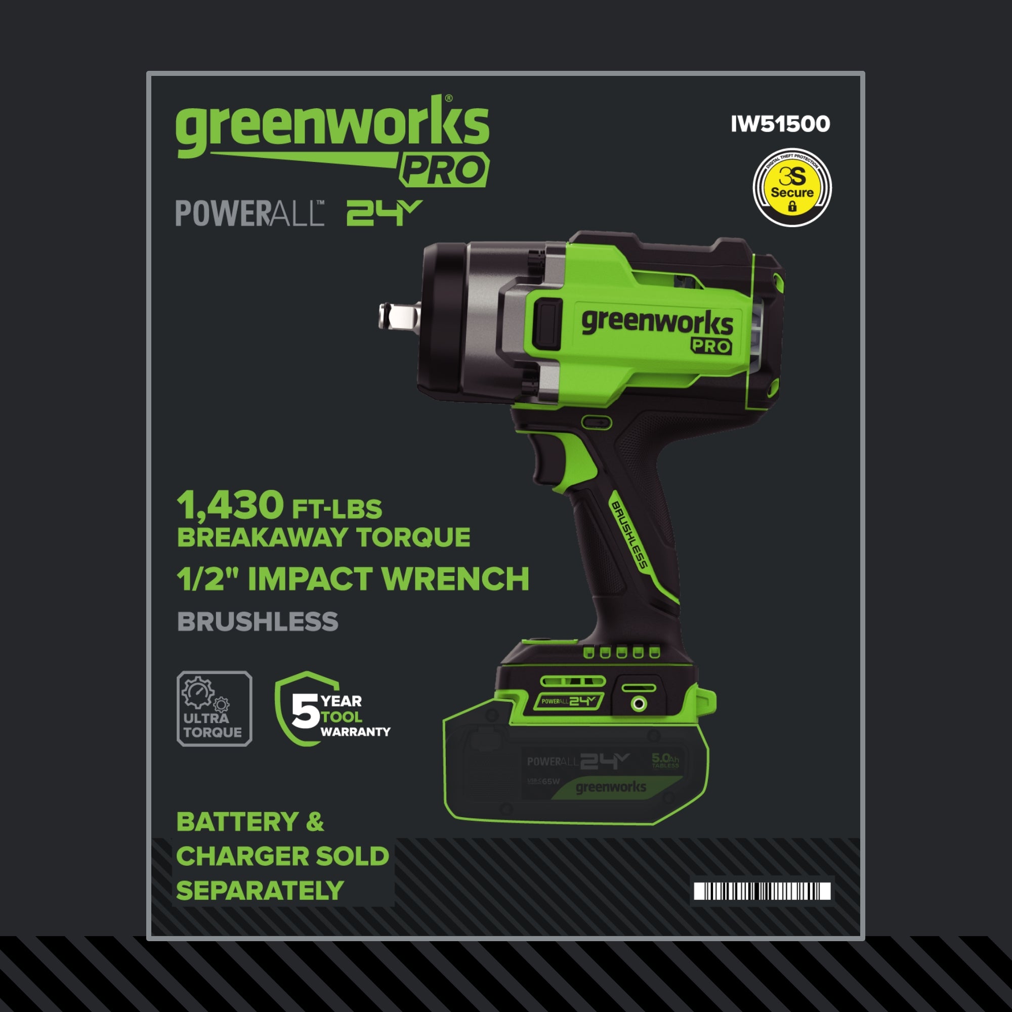 24V  5 Series 1/2"  1430 ft-lbs Cordless Battery Impact Wrench (Tool Only)