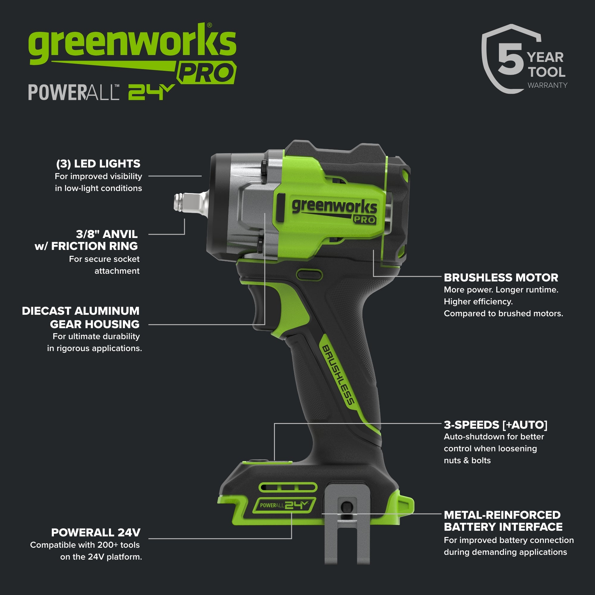24V  5 Series 3/8"  400 ft-lbs Cordless Battery Impact Wrench (Tool Only)