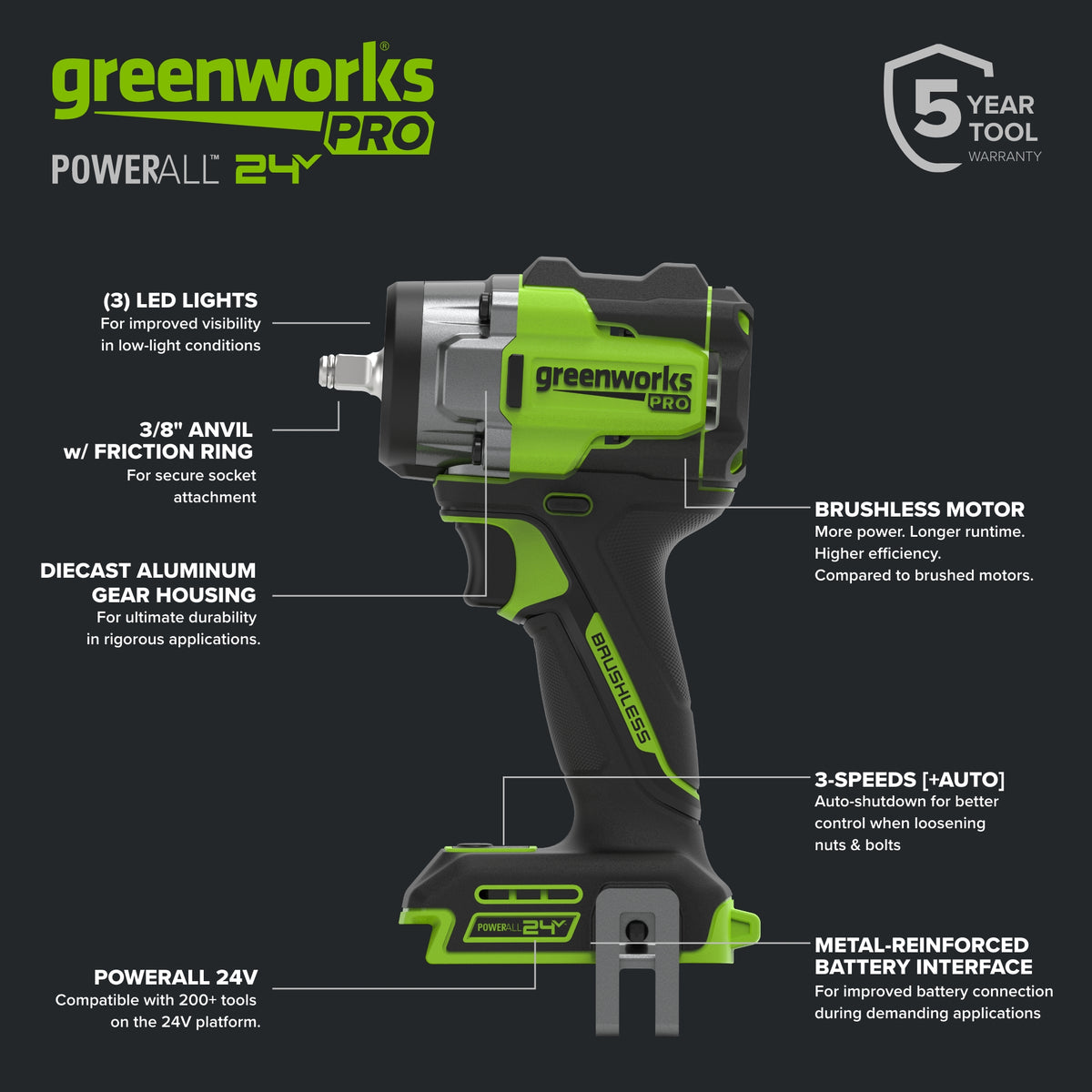 24V  5 Series 3/8"  400 ft-lbs Cordless Battery Impact Wrench (Tool Only)