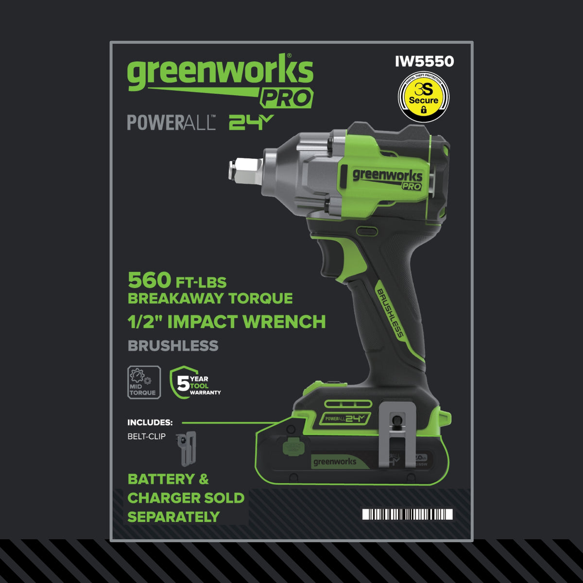 24V  5 Series 1/2"  560 ft-lbs Cordless Battery Impact Wrench (Tool Only)