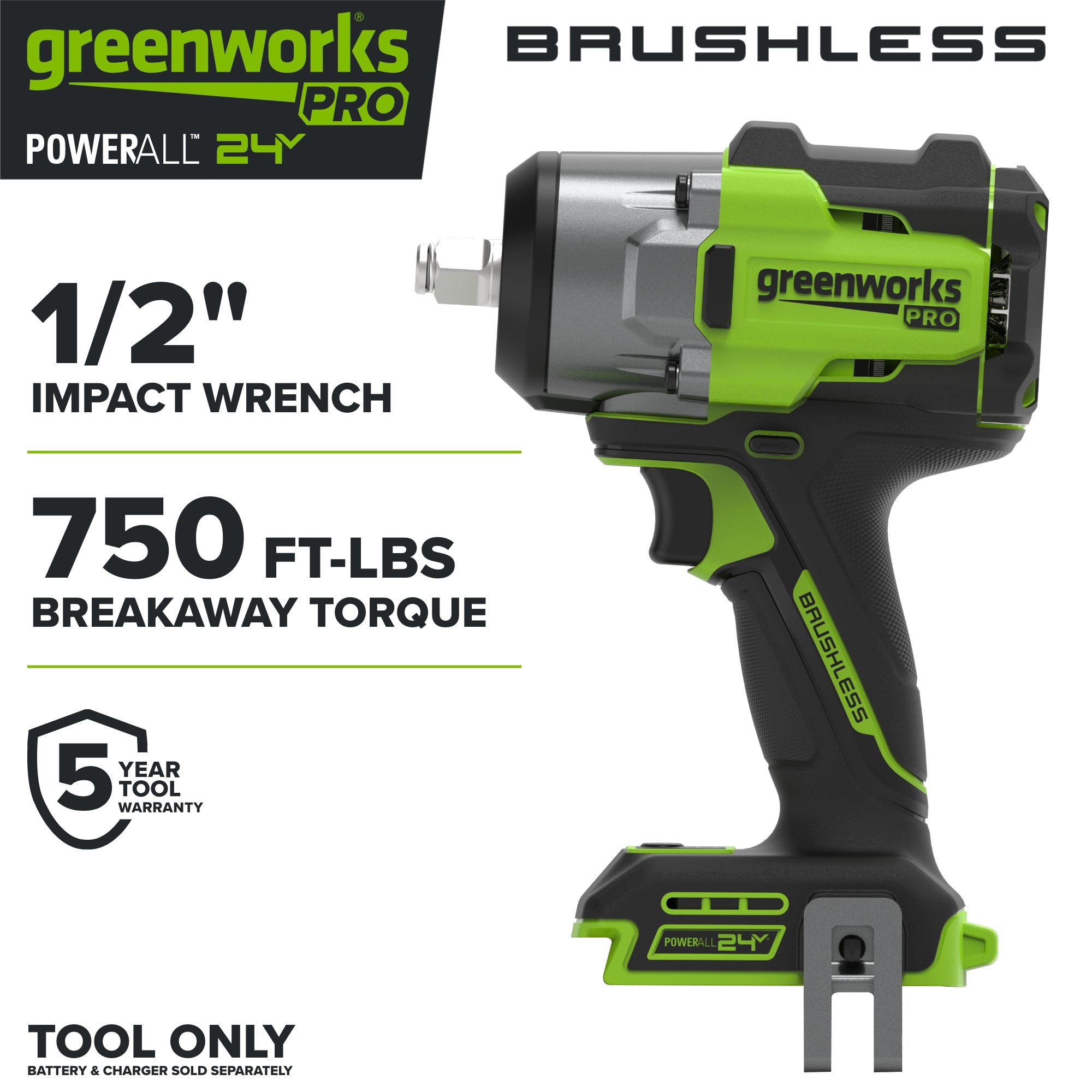 24V PowerAll Pro 750 ft-lb Breakaway Torque 1/2" Impact Wrench, Tool Only