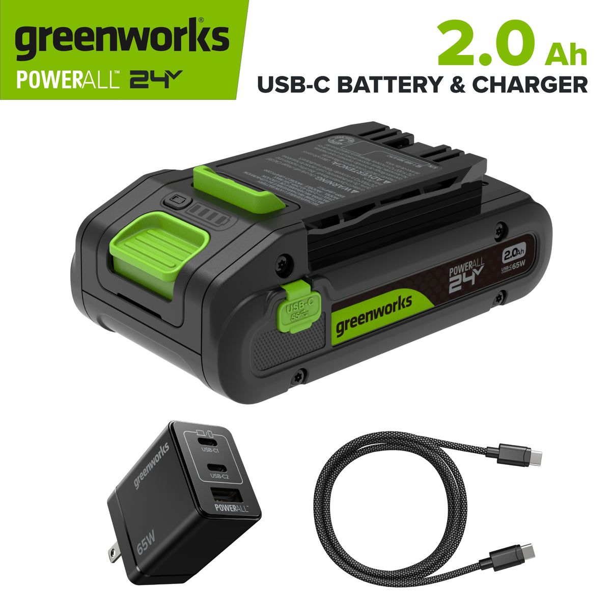 24V PowerAll Battery and Charger Kit, with 2.0 Ah Battery, Ultra-Fast 65W USB-C Charging Block, and Cable