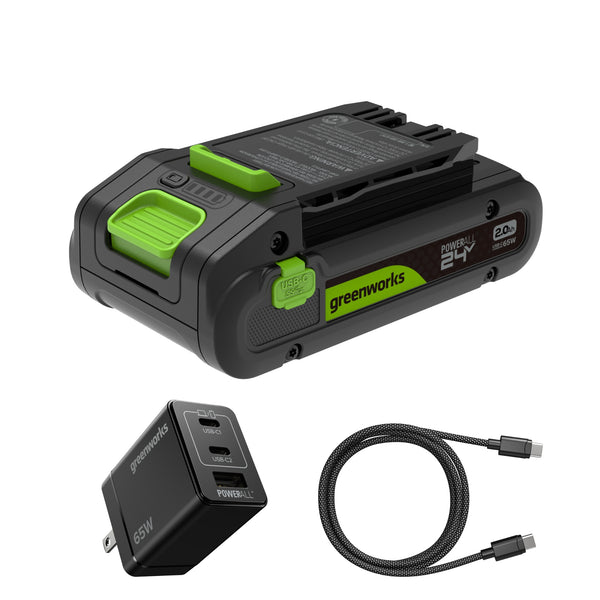 24V PowerAll Battery and Charger Kit, with 2.0 Ah Battery, Ultra-Fast 65W USB-C Charging Block, and Cable