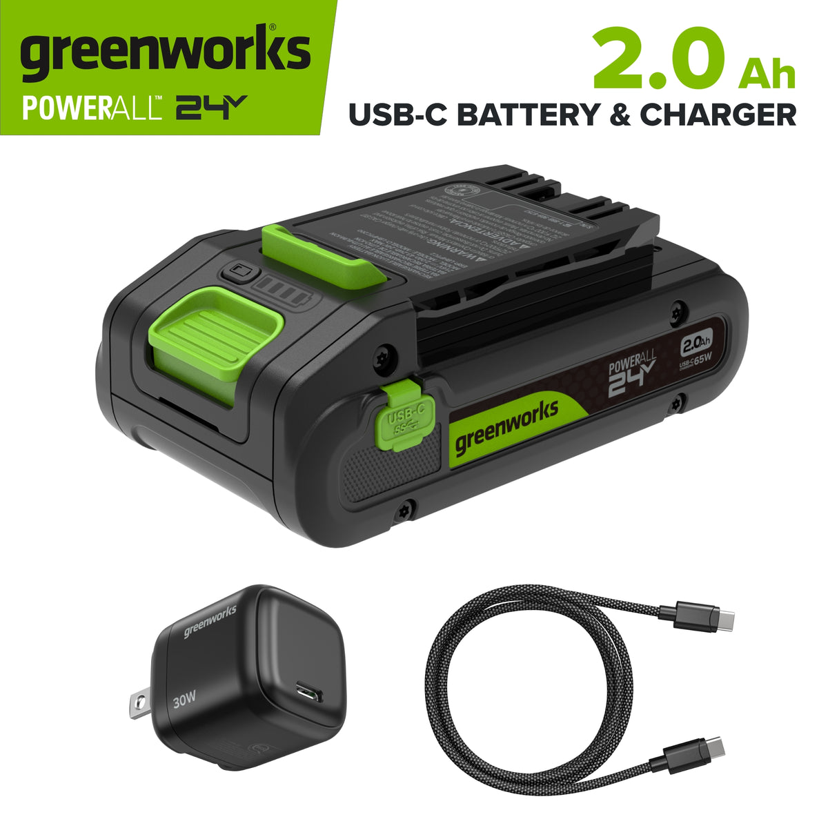 24V PowerAll Battery and Charger Kit, with 2.0 Ah Battery, 30W USB-C Charging Block, and Cable