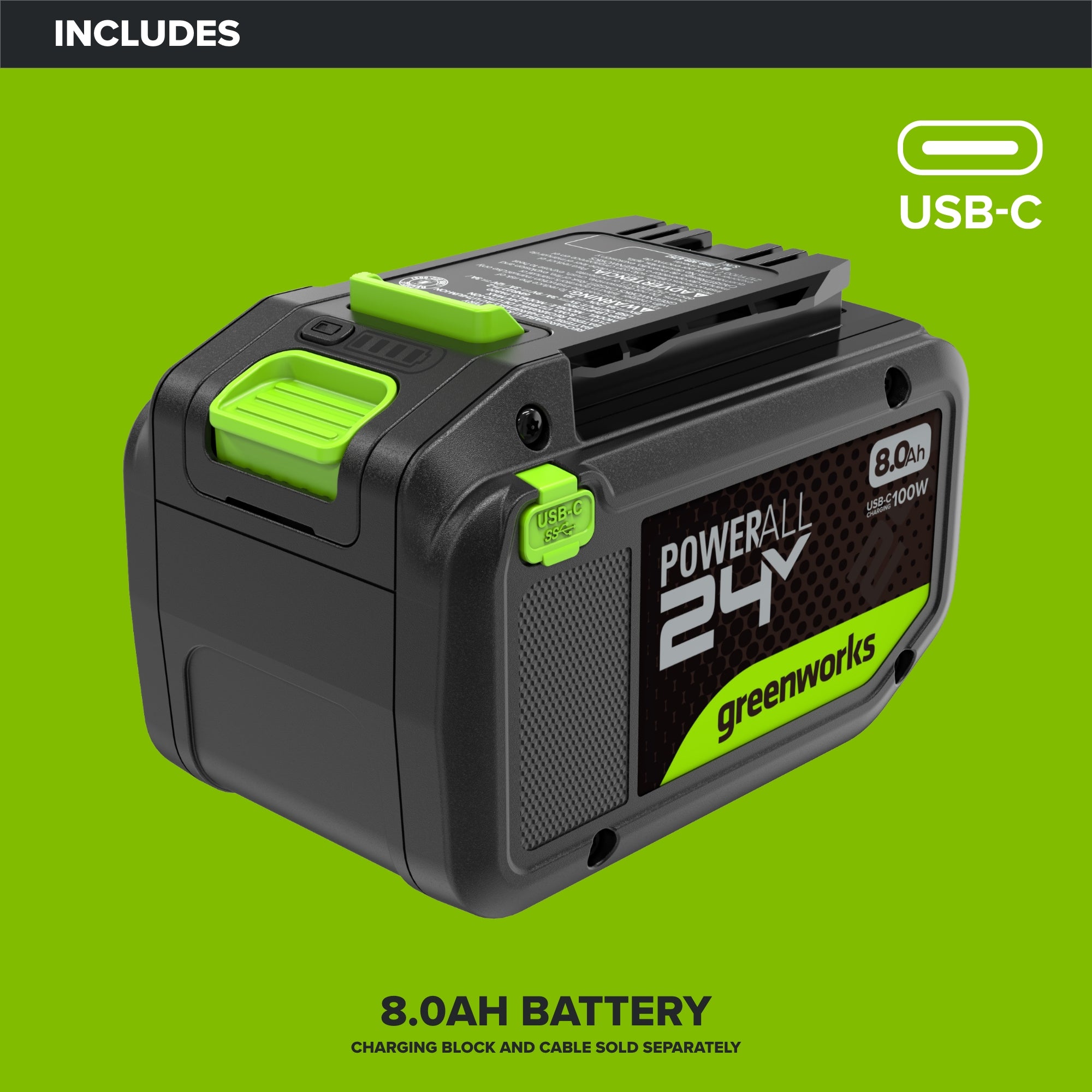 24V 8.0 Ah Battery with Bi-Directional USB-C Port