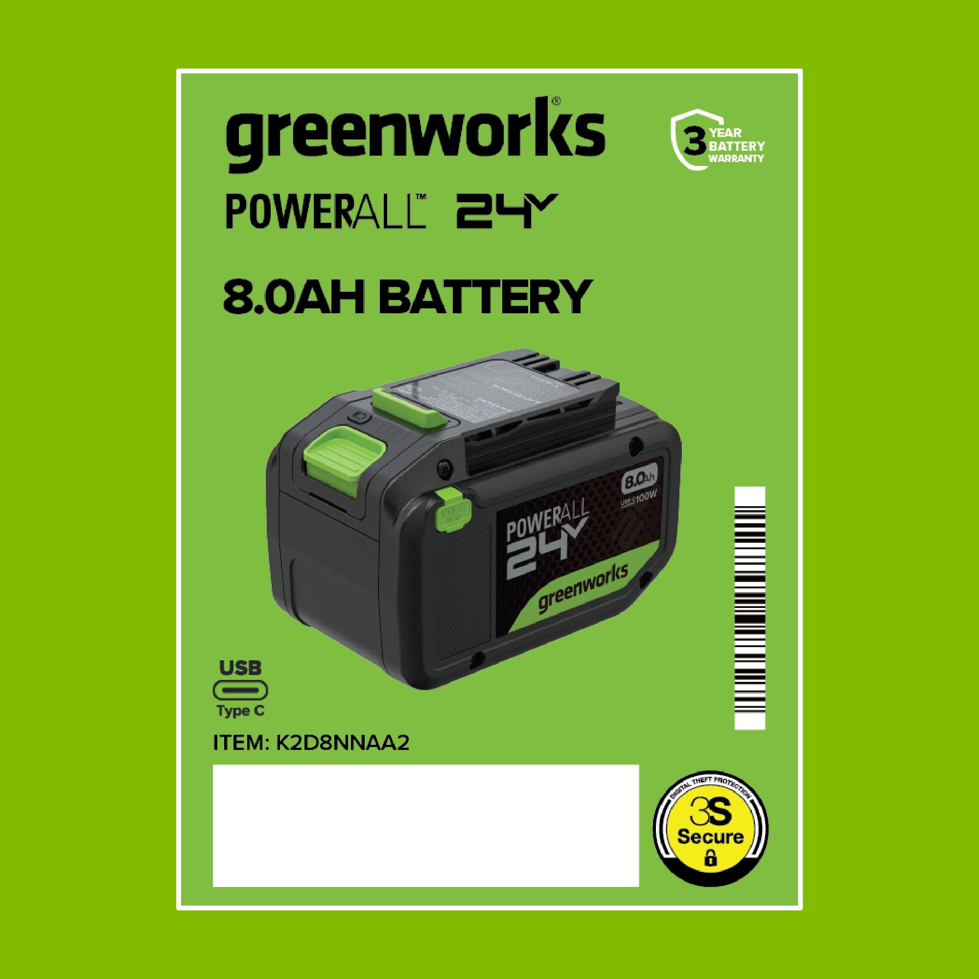 24V 8.0 Ah Battery with Bi-Directional USB-C Port