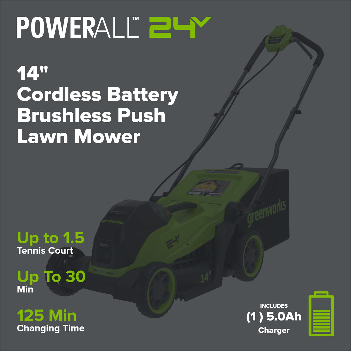 24V 14" Cordless Battery Brushless Push Lawn Mower w/ 5.0Ah Battery & 65W Type-C Charger (3-Ft Cable)