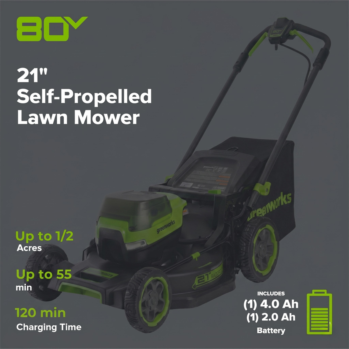 80V 21" Cordless Battery 4-in-1 Self-Propelled Mower: (1) 4.0Ah,(1) 2.0Ah Batteries & 2A Charger