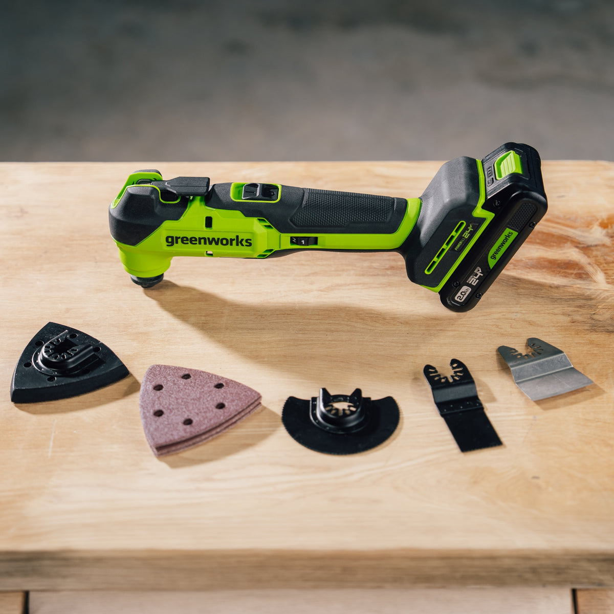 24V PowerAll 3.2˚ Oscillating Multi-Tool, with Plunge Cut Blade, Scraper Blade, Flush Cut Blade, Sanding Plate, (9) Sanding Pads