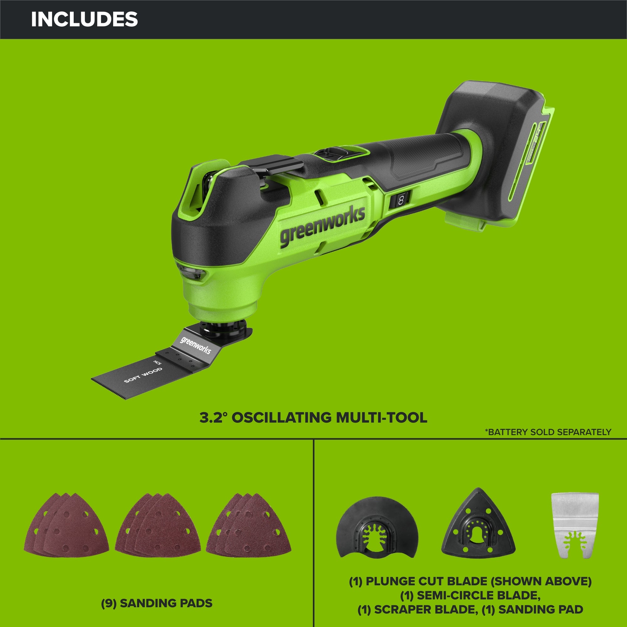 24V PowerAll 3.2˚ Oscillating Multi-Tool, with Plunge Cut Blade, Scraper Blade, Flush Cut Blade, Sanding Plate, (9) Sanding Pads