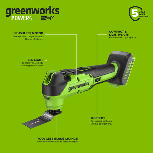 24V PowerAll 3.2˚ Oscillating Multi-Tool, with Plunge Cut Blade, Scraper Blade, Flush Cut Blade, Sanding Plate, (9) Sanding Pads