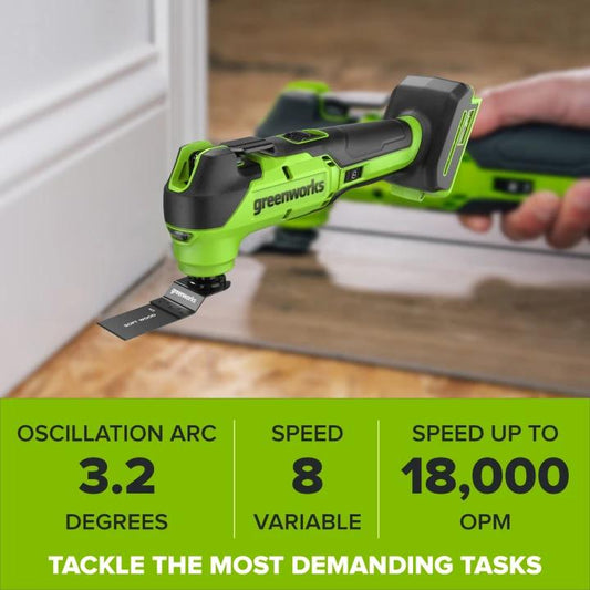 24V PowerAll 3.2˚ Oscillating Multi-Tool, with Plunge Cut Blade, Scraper Blade, Flush Cut Blade, Sanding Plate, (9) Sanding Pads