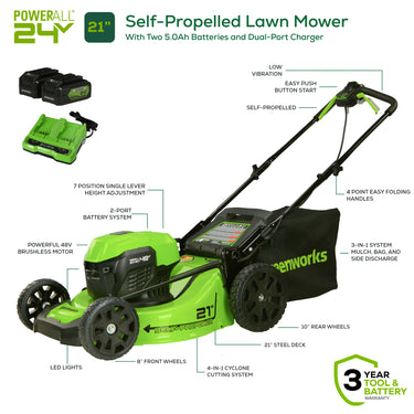 48V (2x24V) 21" Cordless Battery Self-Propelled Lawn Mower w/ Two (2) 5.0Ah USB Batteries & Charger
