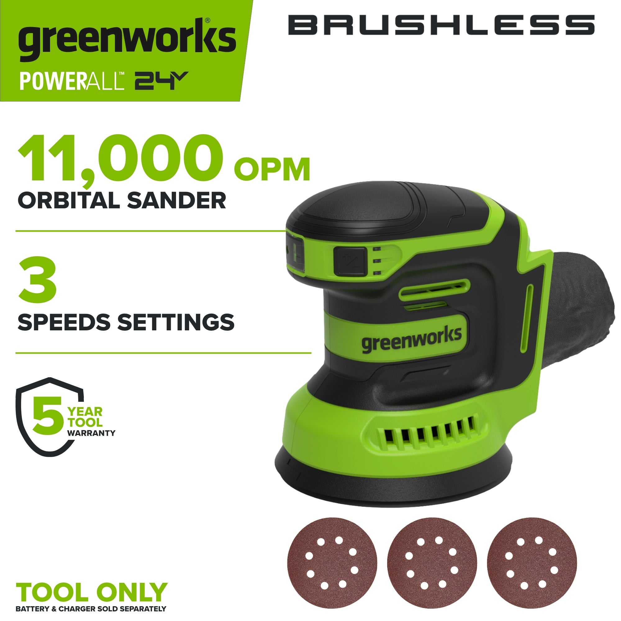 24V PowerAll Orbital Sander, Tool Only, with (3) Pieces of 80 Grit Sanding Paper
