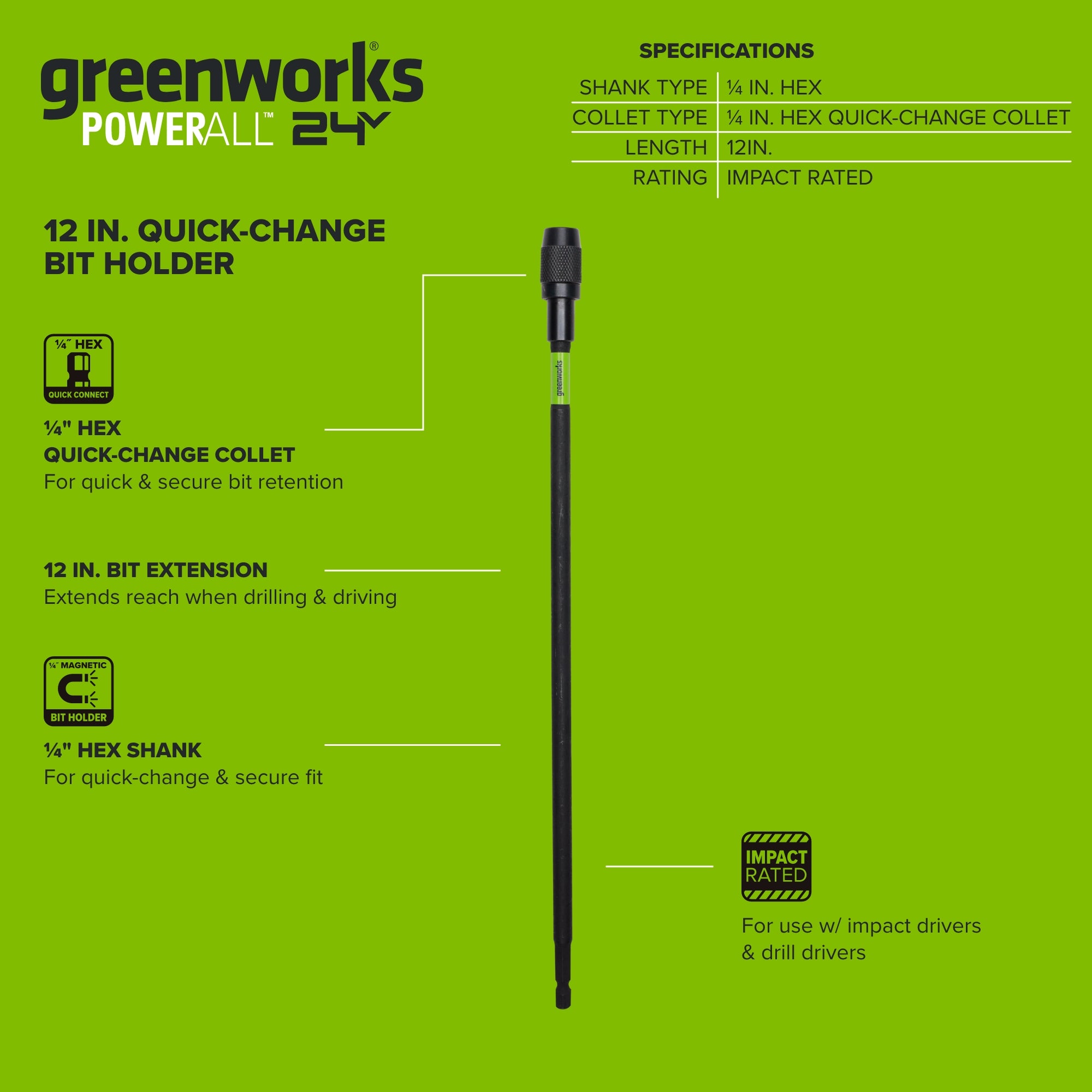 3 Series 12" with 1/4" Hex Shank Quick Change Drill Bit Extension