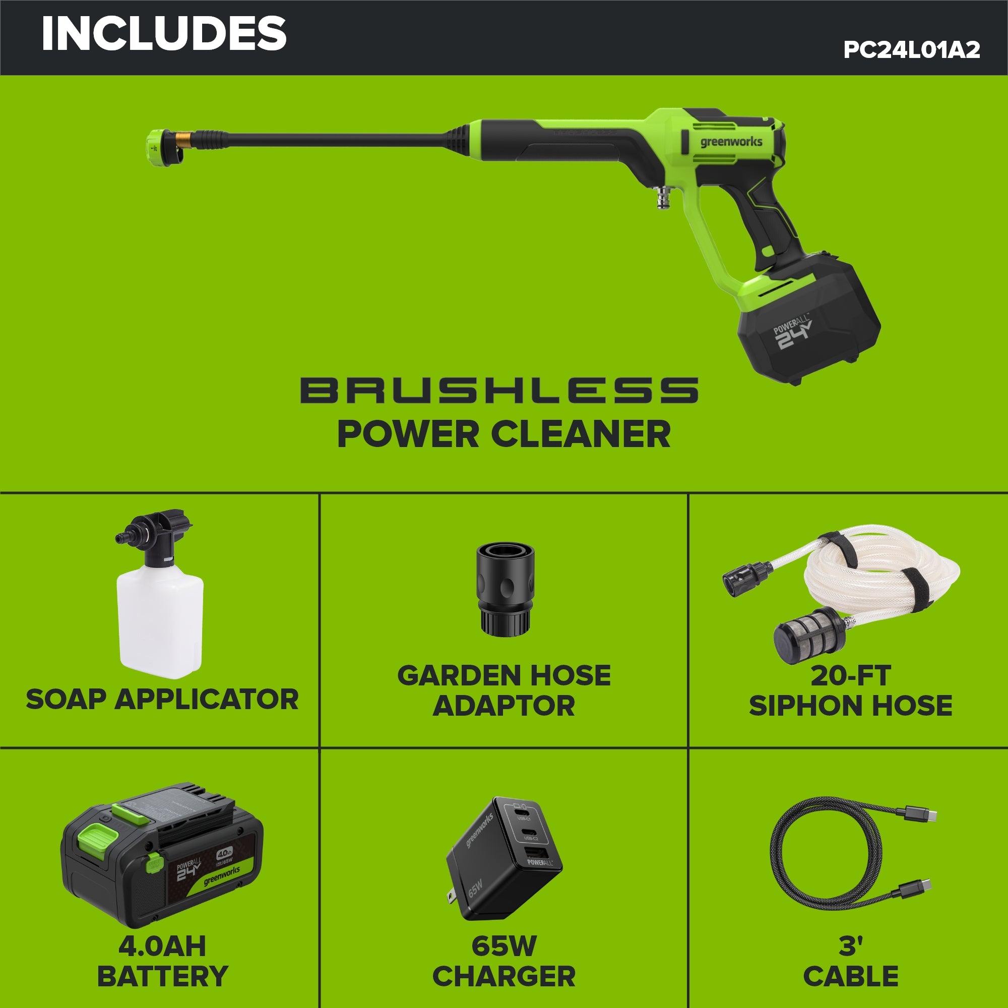 24V 700 PSI 0.8 GPM Cold Water Cordless Power Cleaner: 4.0Ah Battery and 30W Charger