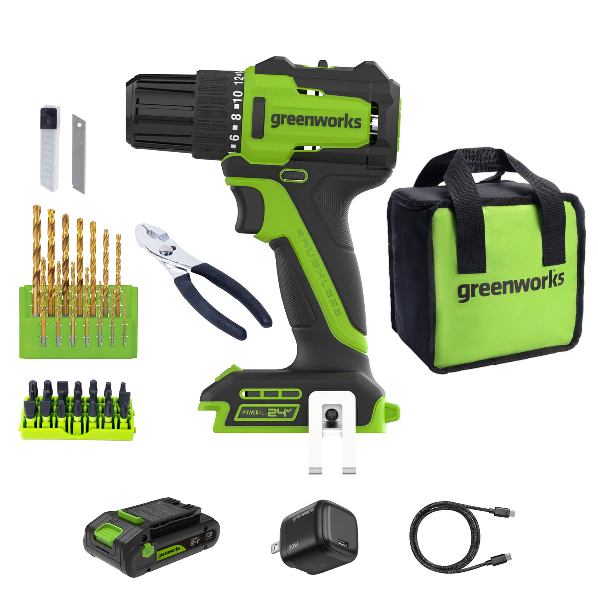 24V PowerAll 3/8" 280 in-lb Drill and 60 Piece Hand Tool/Accessories Project Kit, with 2.0 Ah USB-C Battery, 30W USB-C Charger Block, Carrying Bag
