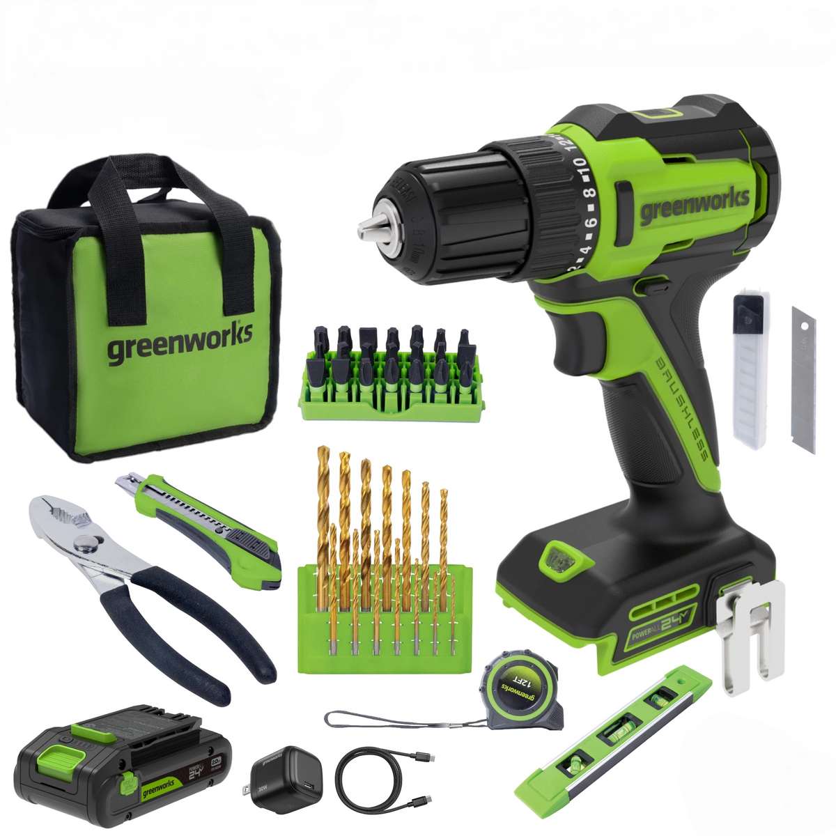 24V PowerAll 3/8" 280 in-lb Drill and 60 Piece Hand Tool/Accessories Project Kit, with 2.0 Ah USB-C Battery, 30W USB-C Charger Block, Carrying Bag