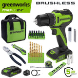 24V PowerAll 3/8" 280 in-lb Drill and 60 Piece Hand Tool/Accessories Project Kit, with 2.0 Ah USB-C Battery, 30W USB-C Charger Block, Carrying Bag