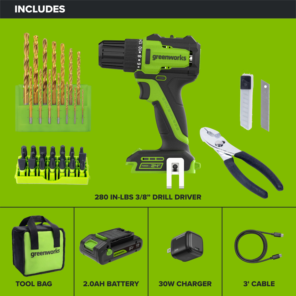 24V PowerAll 3/8" 280 in-lb Drill and 60 Piece Hand Tool/Accessories Project Kit, with 2.0 Ah USB-C Battery, 30W USB-C Charger Block, Carrying Bag