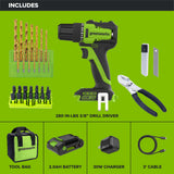 24V PowerAll 3/8" 280 in-lb Drill and 60 Piece Hand Tool/Accessories Project Kit, with 2.0 Ah USB-C Battery, 30W USB-C Charger Block, Carrying Bag
