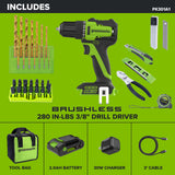 24V PowerAll 3/8" 280 in-lb Drill and 60 Piece Hand Tool/Accessories Project Kit, with 2.0 Ah USB-C Battery, 30W USB-C Charger Block, Carrying Bag