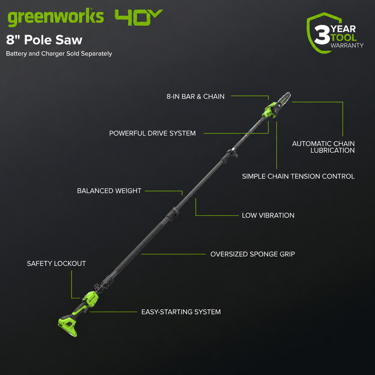 40V 8" Cordless Battery Telescope Pole Saw (Tool Only)