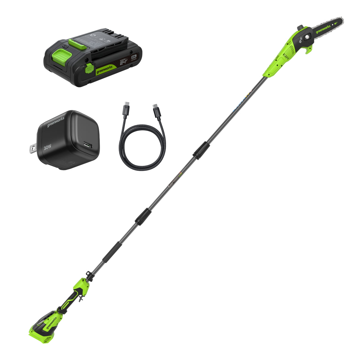 24V 8" Cordless Battery Pole Saw w/ 2.0 Ah Battery & 30W Type-C Charger (3-Ft cable)
