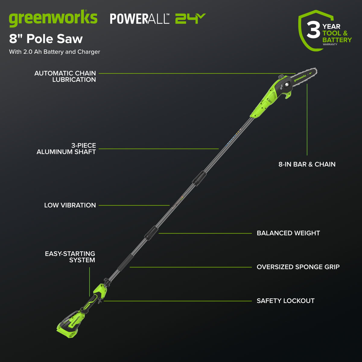 24V 8" Cordless Battery Pole Saw w/ 2.0 Ah Battery & 30W Type-C Charger (3-Ft cable)