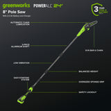 24V 8" Cordless Battery Pole Saw w/ 2.0 Ah Battery & 30W Type-C Charger (3-Ft cable)