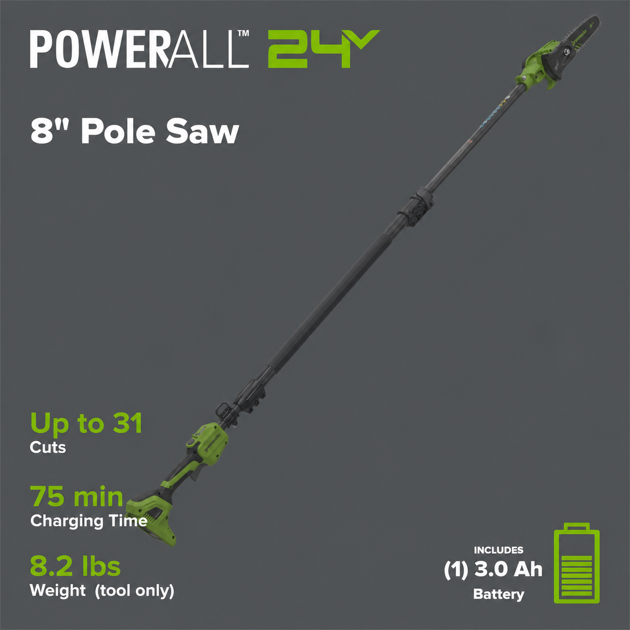 24V 8" Cordless Battery Telescope Pole Saw + Bag, 3.0 Ah Battery & 65W Type-C Charger (3-Ft Cable)