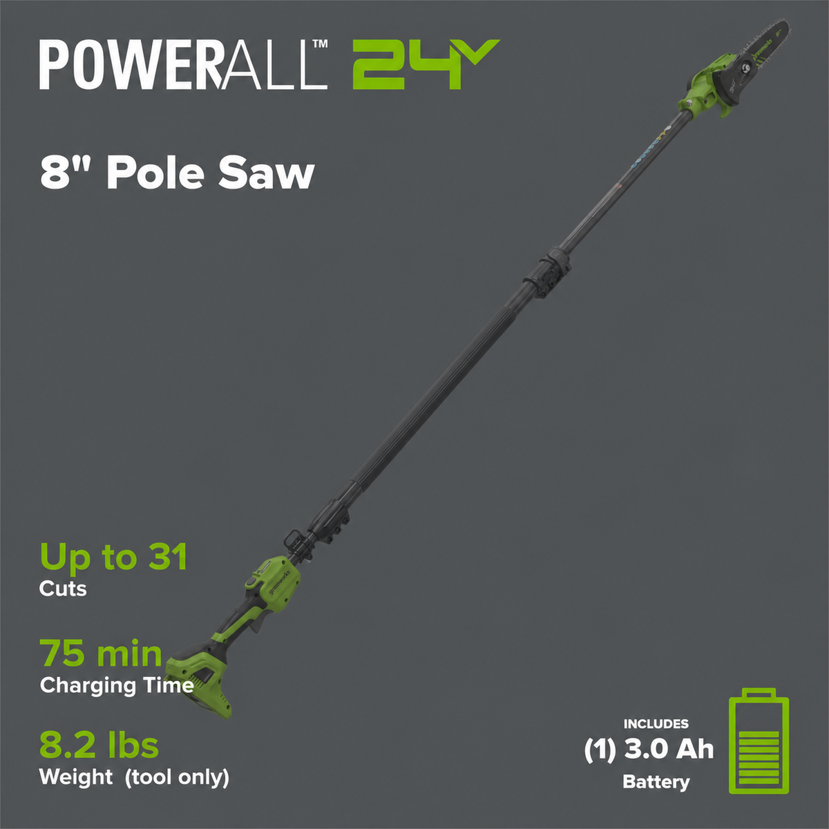 24V 8" Cordless Battery Telescope Pole Saw + Bag, 3.0 Ah Battery & 65W Type-C Charger (3-Ft Cable)