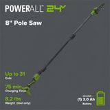 24V 8" Cordless Battery Telescope Pole Saw + Bag, 3.0 Ah Battery & 65W Type-C Charger (3-Ft Cable)