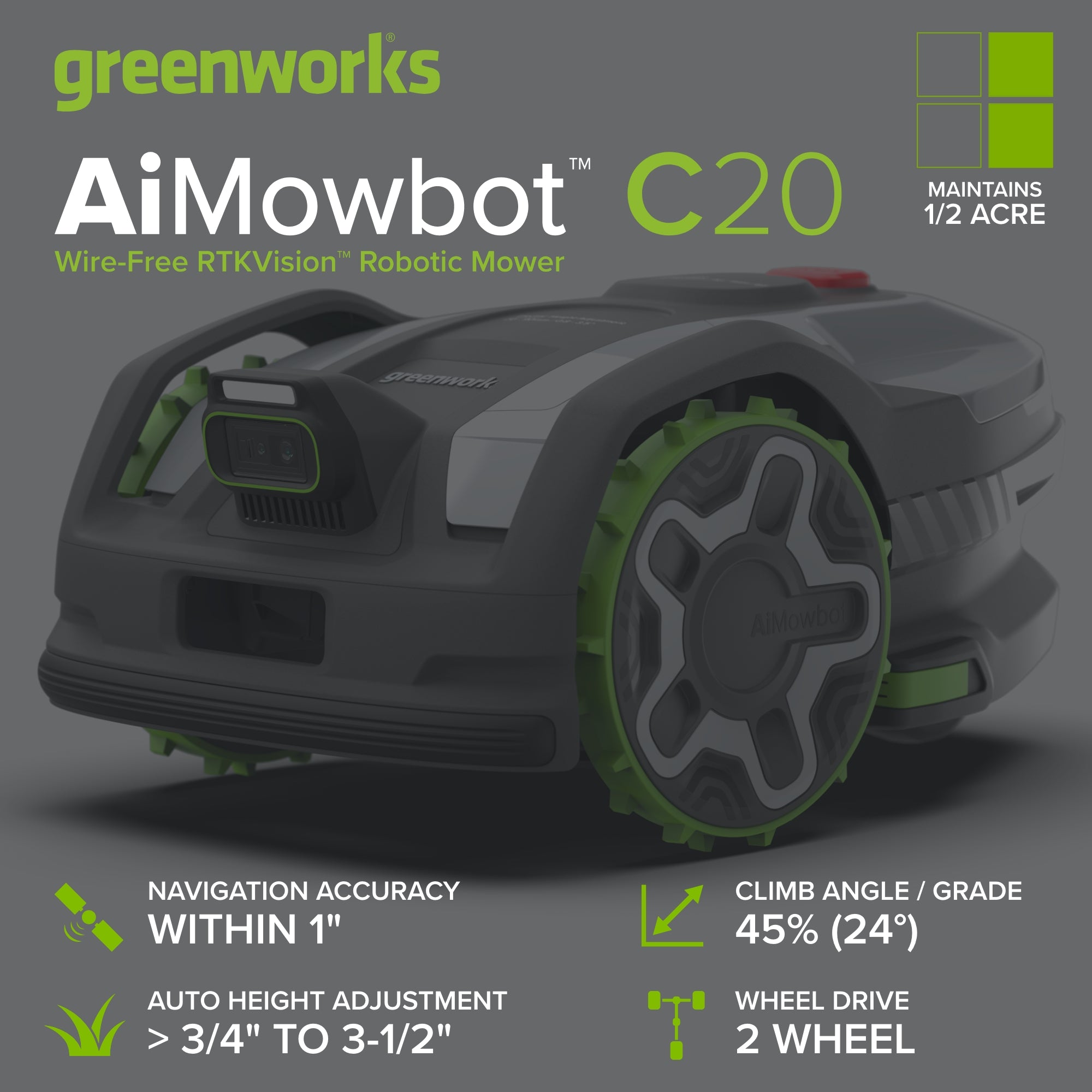 AiMowbot Wire-Free RTKVision Robotic Mower C20 | 1/2Acre