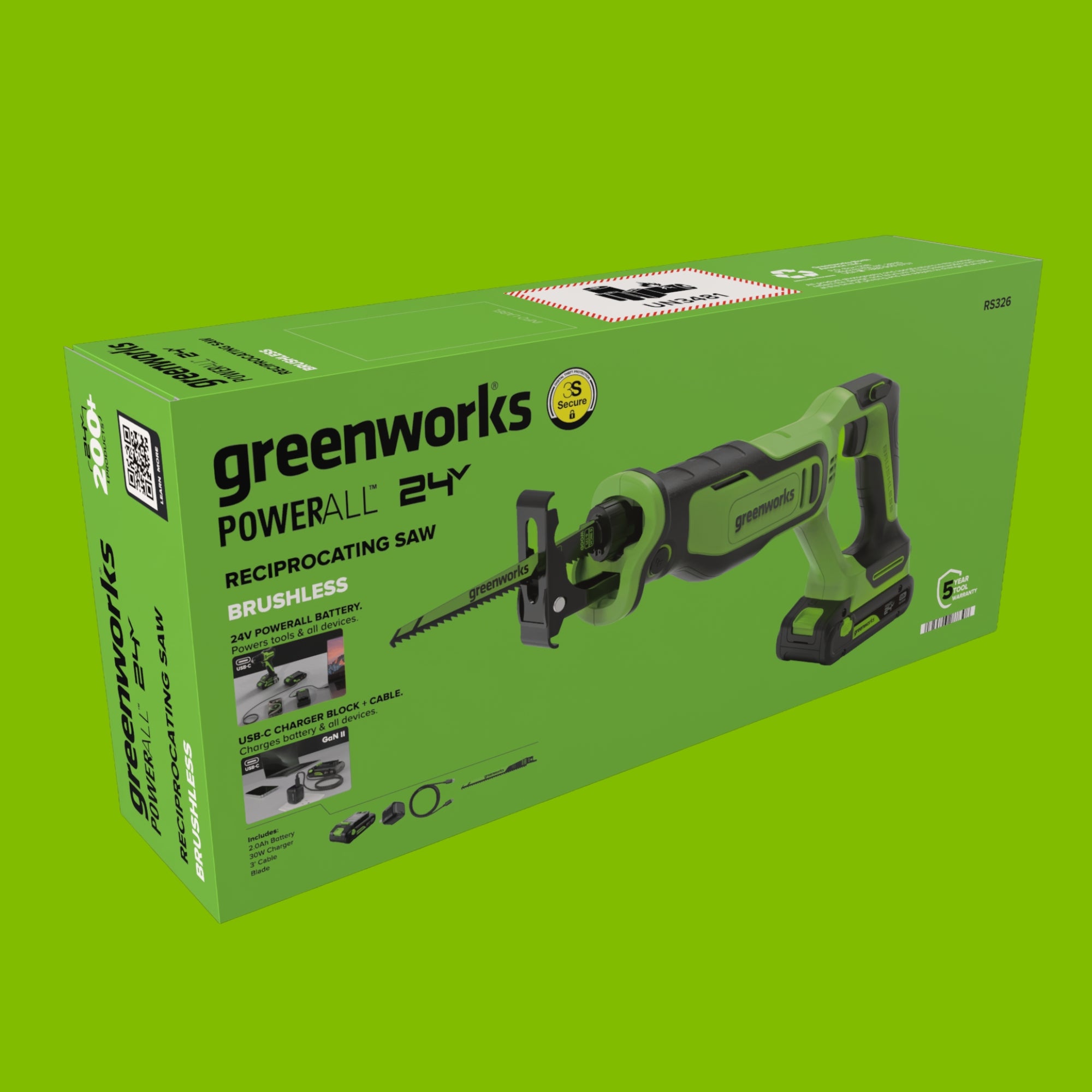 24V PowerAll Pro 1-1/4" Reciprocating Saw with Blade, 2.0 Ah USB-C Battery and 30W USB-C Fast Charger,3,200 SPM