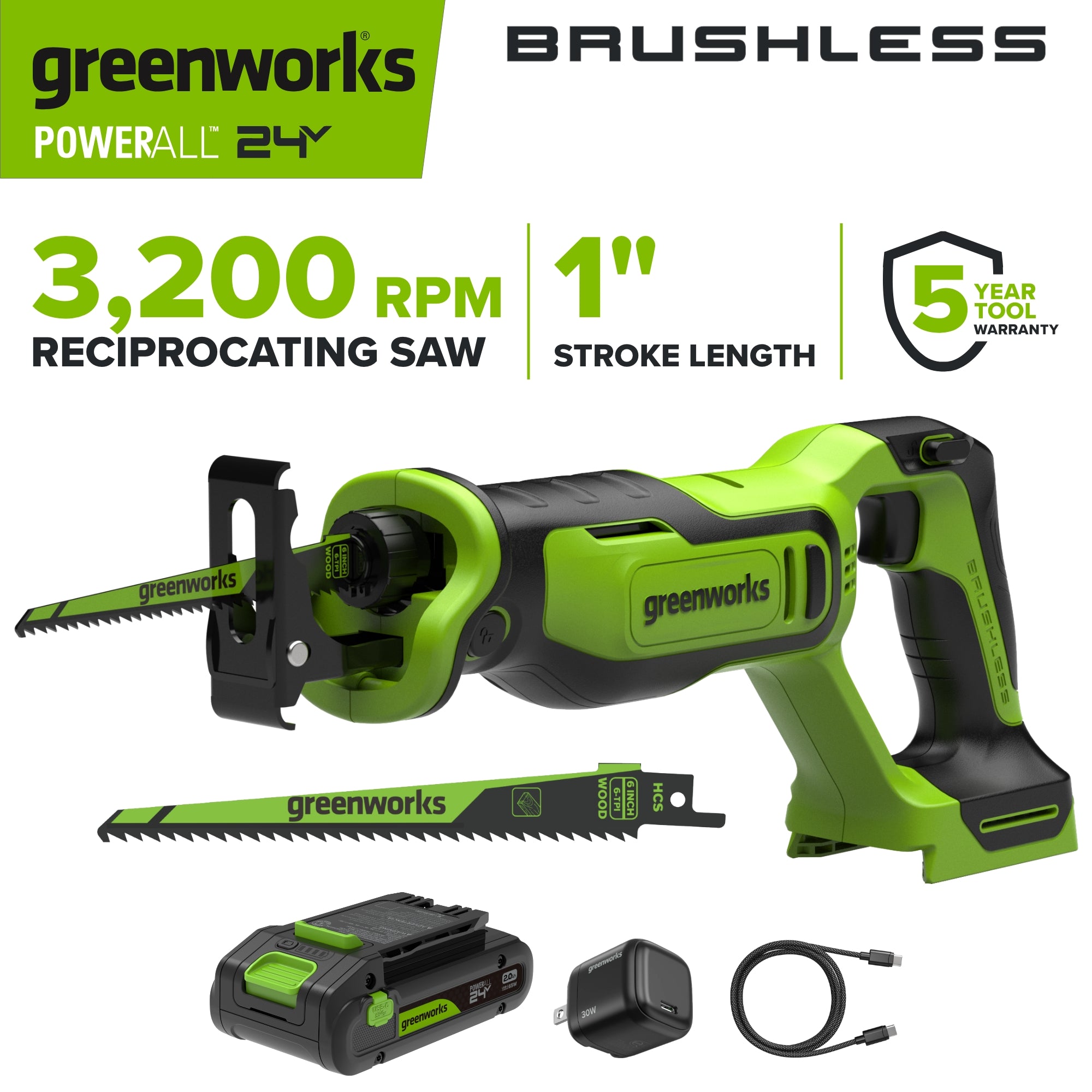 24V PowerAll 1-1/4" Reciprocating Saw with Blade, 2.0 Ah USB-C Battery and 30W USB-C Fast Charger,3,200 SPM